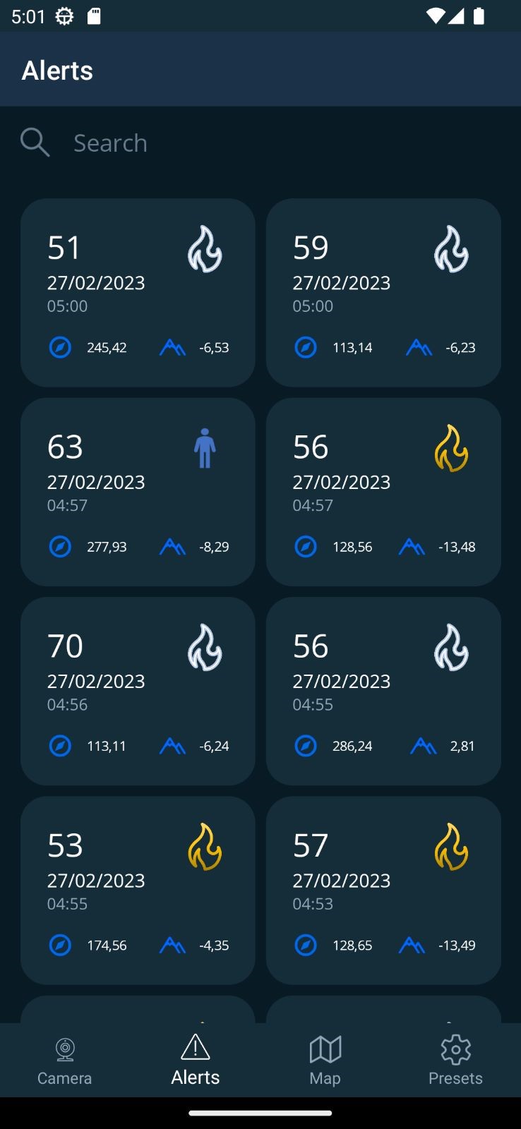 SafeForest mobile app — alert feed with confidence scores and azimuths