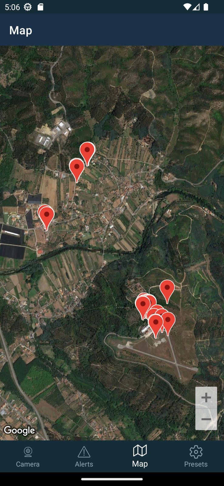 SafeForest mobile app — camera sites on a satellite map