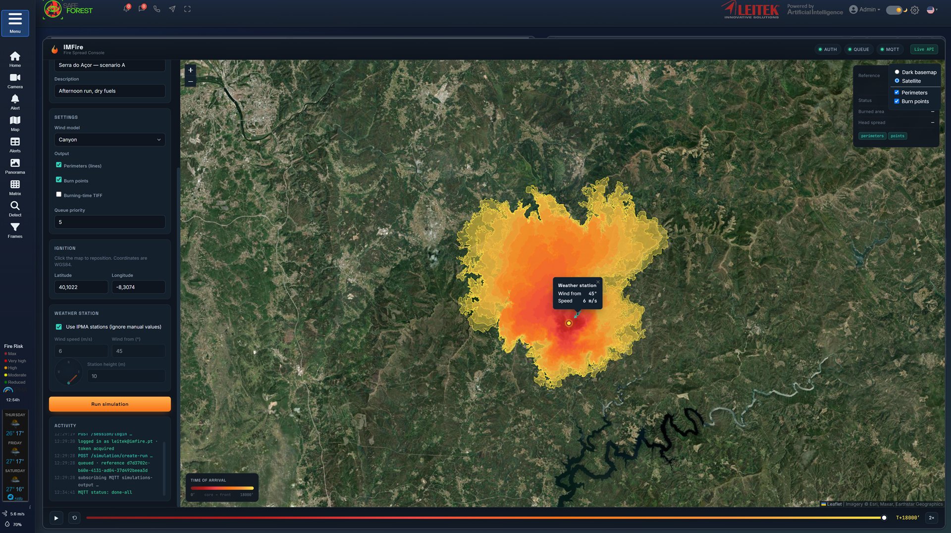 IMFire fire-spread console: simulated fire perimeter over a satellite map with wind and weather inputs
