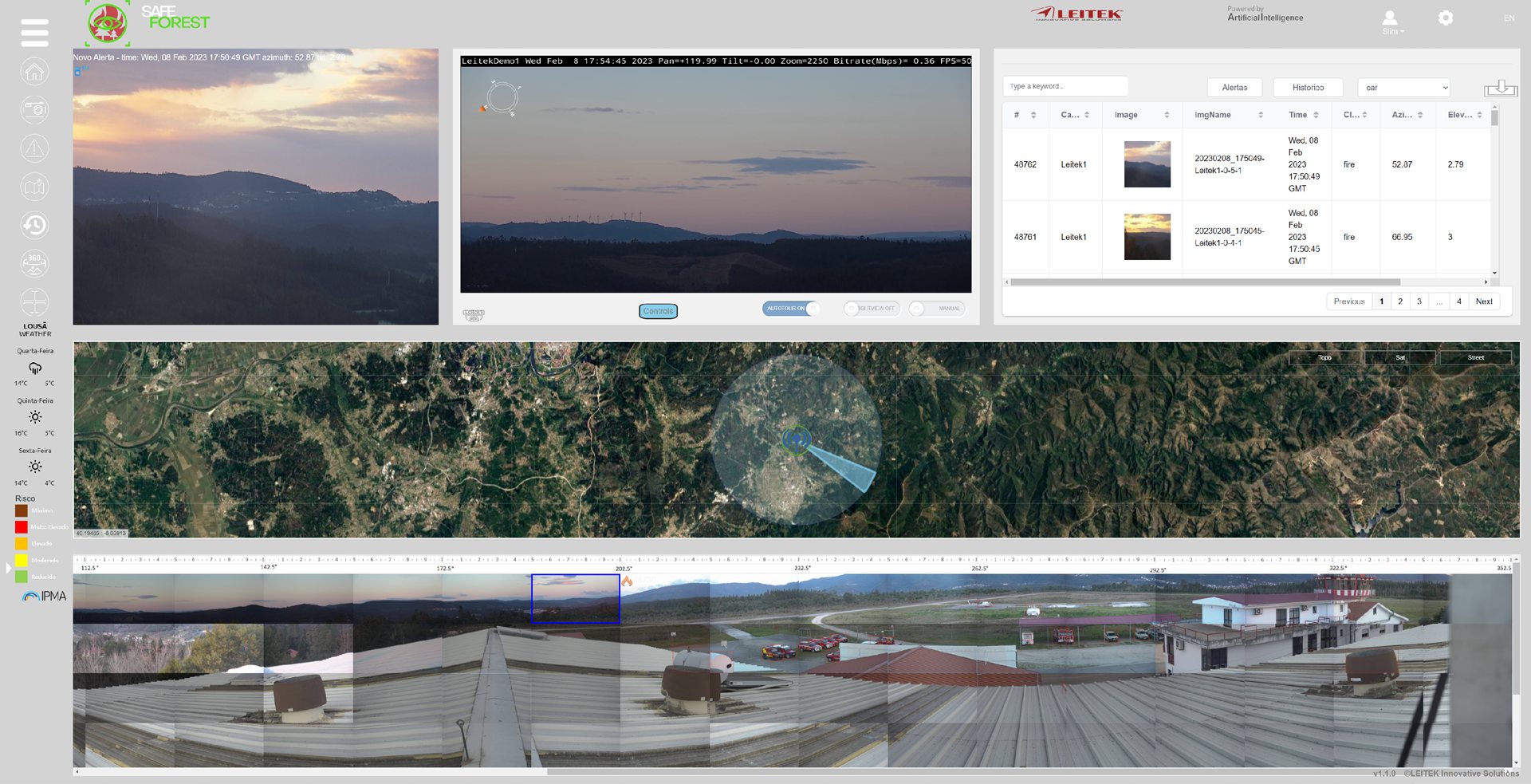 SafeForest web dashboard: live camera view, PTZ controls, alert list, satellite map and 360° panorama