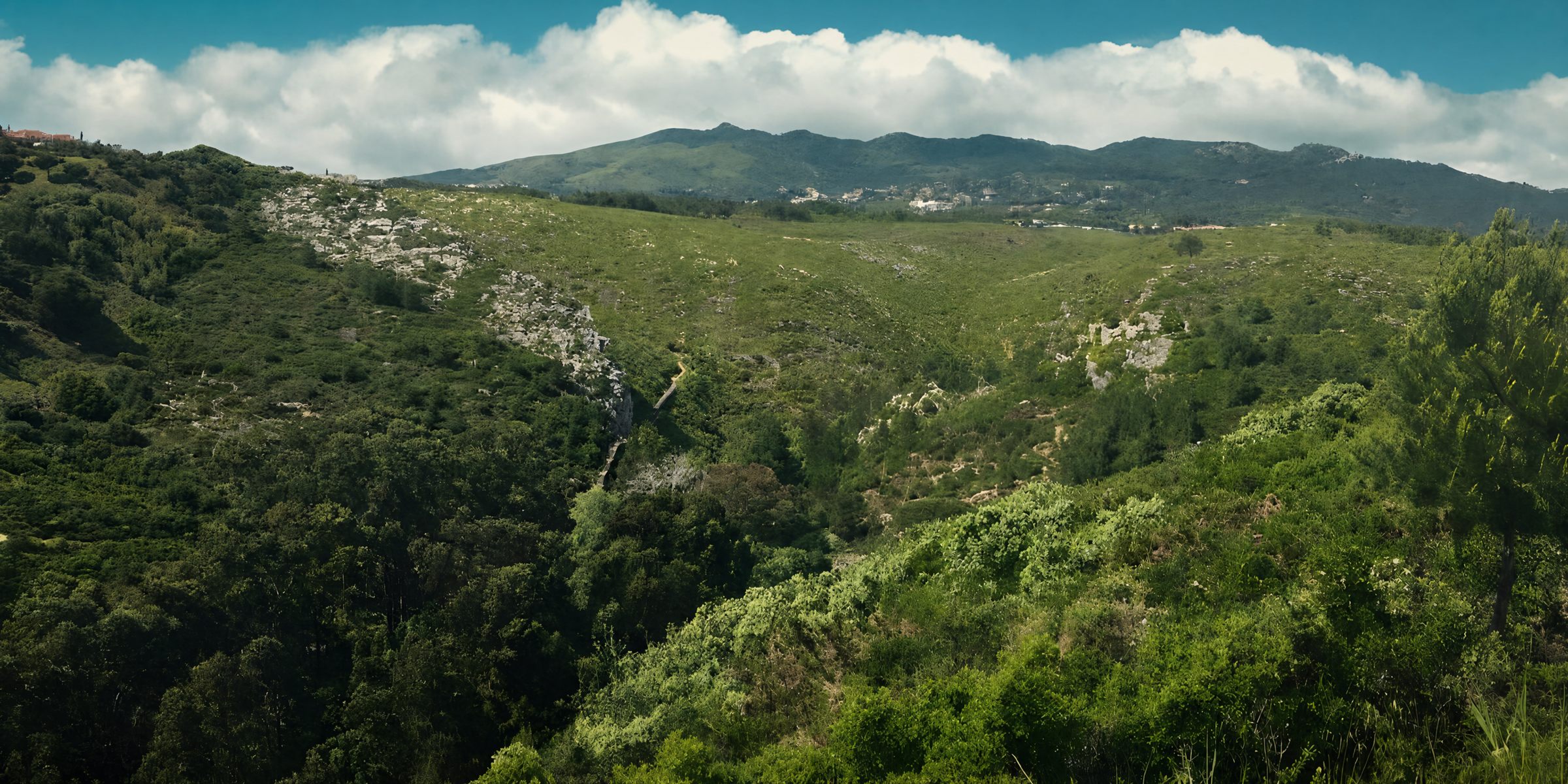 Green valley in Cascais with the Sintra mountains on the horizon