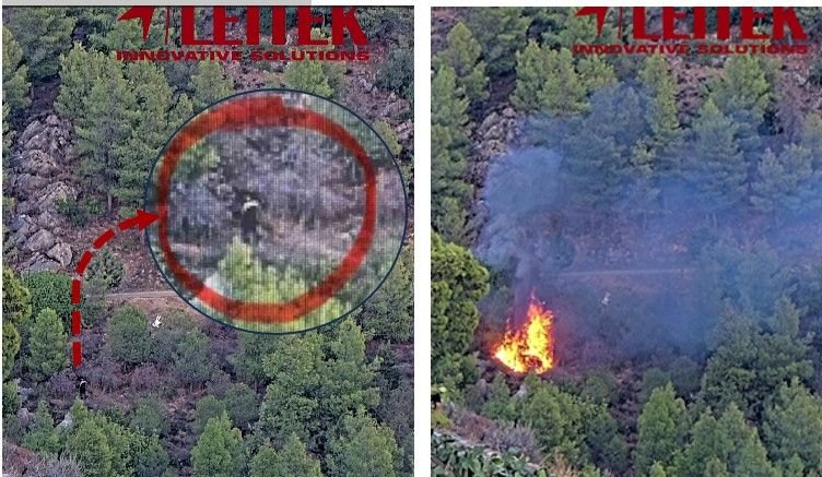 Two SafeForest camera frames from Ilioupolis, Greece: the first smoke among the trees circled in red, then the flames of the Hymettus forest fire