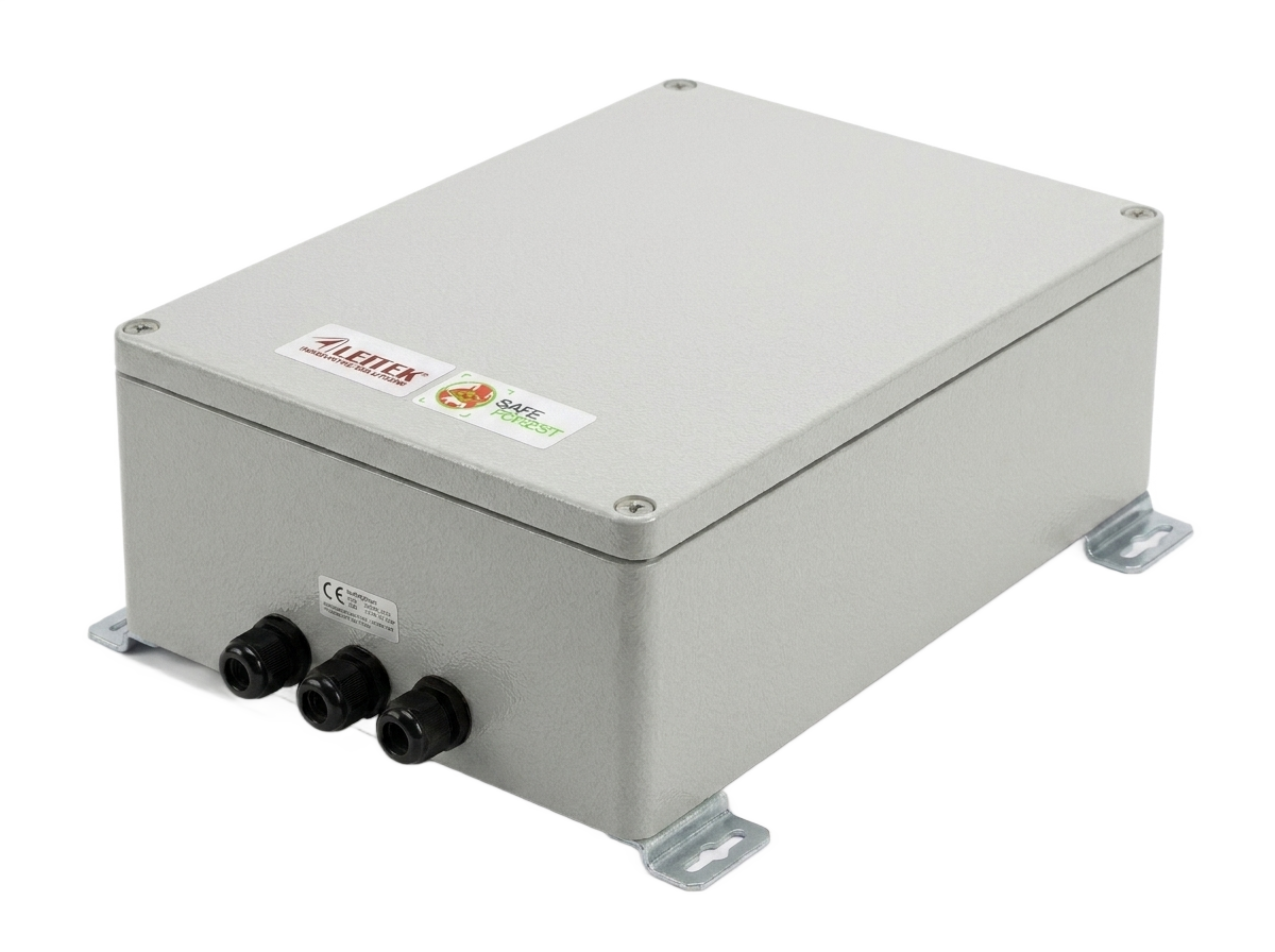SafeForest Edge unit — weatherproof enclosure with LEITEK and SafeForest badges