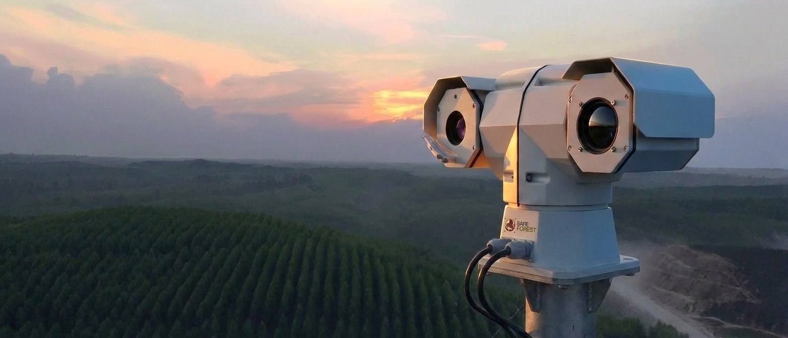 A Safe-Forest dual-lens thermal camera watching a eucalyptus plantation at sunset